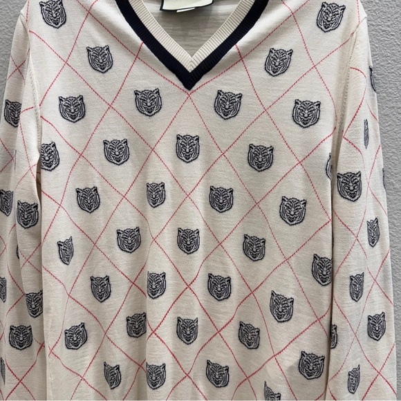 Gucci Tiger Sweater Size Small Argyle Off White Navy Red Authentic *small flaw* - Picture 2 of 9